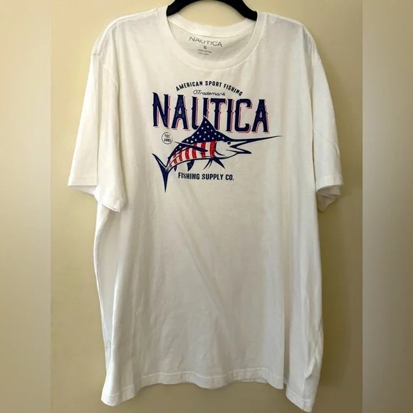 NAUTICA Men’s Graphic Fishing Short Sleeve White T-shirt. 100% Cotton. Size XL - Picture 1 of 6